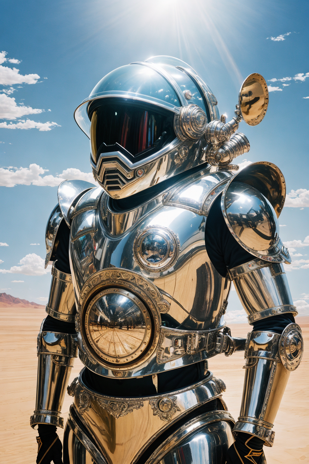 VeronicaCipher in a polished aluminum suit desert moon landscape jetpack glass dome helmet clockwork (AtomPunkStyleSD15:0....